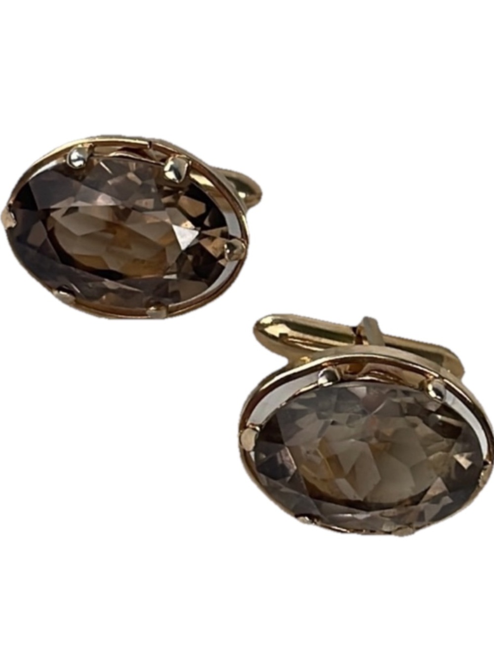 Large Gold Tone Oval Smokey Quartz Cufflinks Vintage